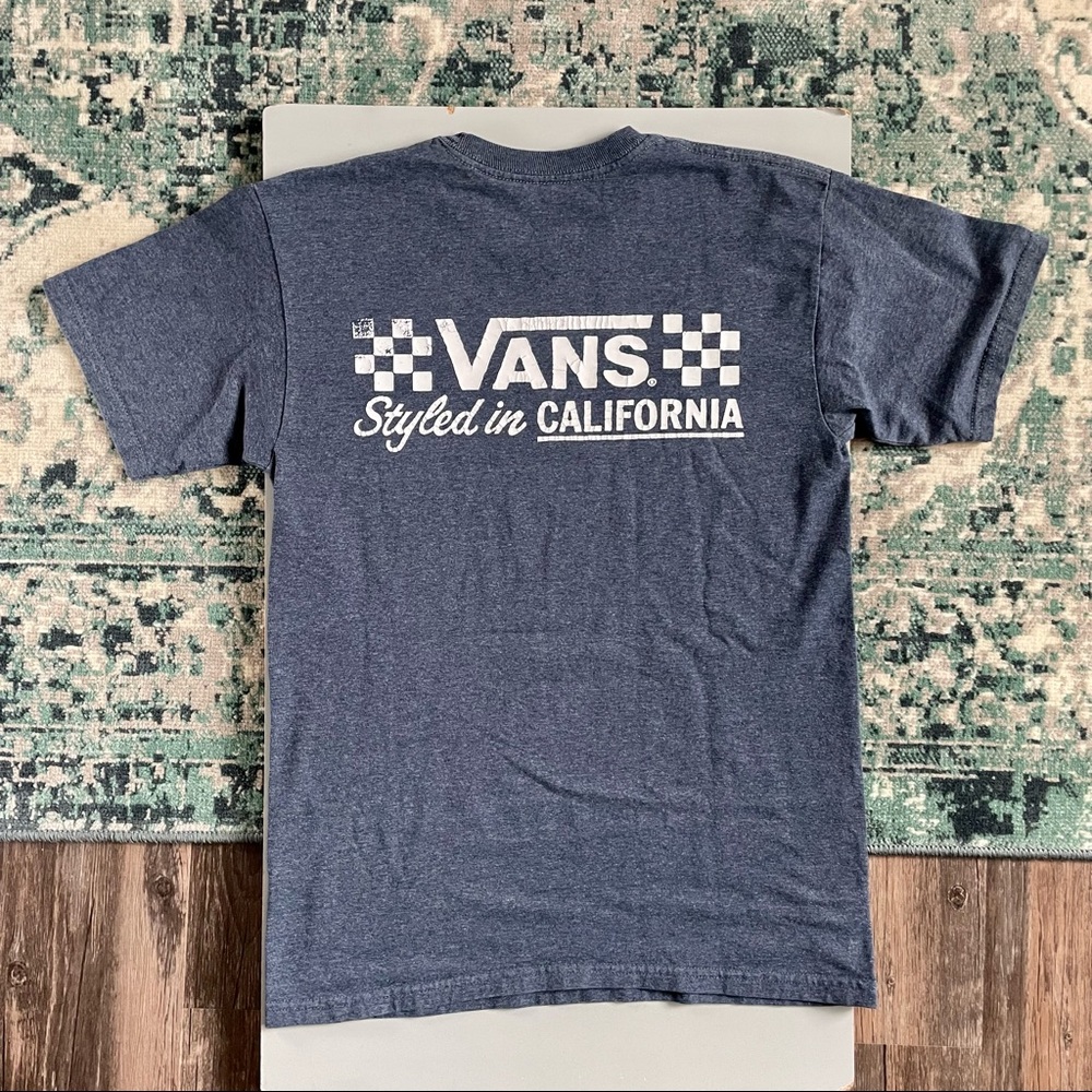 Vans Heather Blue T-Shirt Tee Small White Screen Printed Logo Front & Back